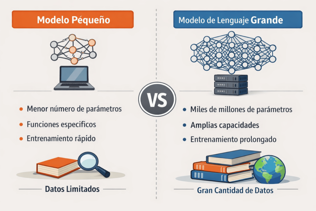 Infografía comparativa entre modelo de lenguaje pequeño y modelo de lenguaje grande (LLM)