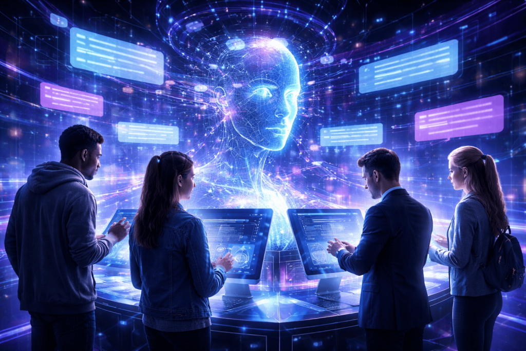 interacción futurista entre humanos y sistemas de inteligencia artificial basados en lenguaje