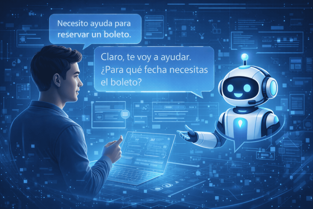ilustración futurista de interacción humano-chatbot