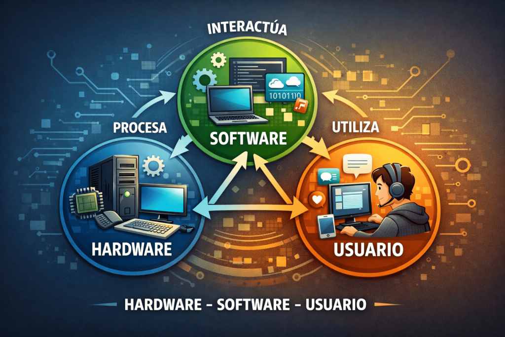 ilustración que muestre la relación entre hardware, software y usuario