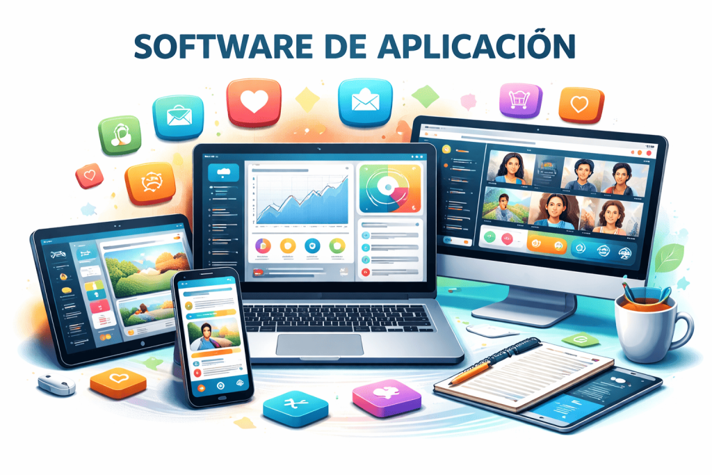 ejemplos visuales de software de aplicación en distintos dispositivos.