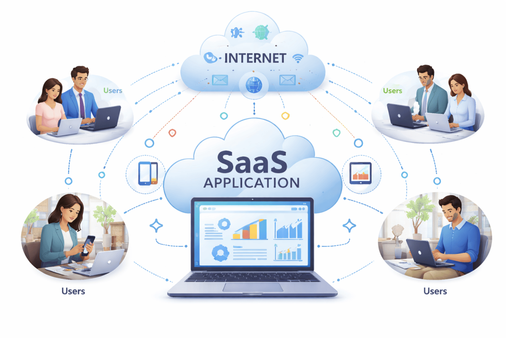 Esquema de arquitectura SaaS donde múltiples usuarios acceden a una aplicación en la nube a través de Internet desde distintos dispositivos