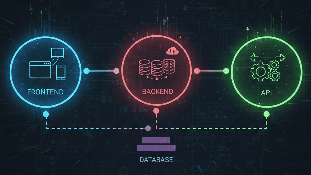 Diagrama de arquitectura web que muestra la conexión entre Frontend, Backend y API con iconos de base de datos