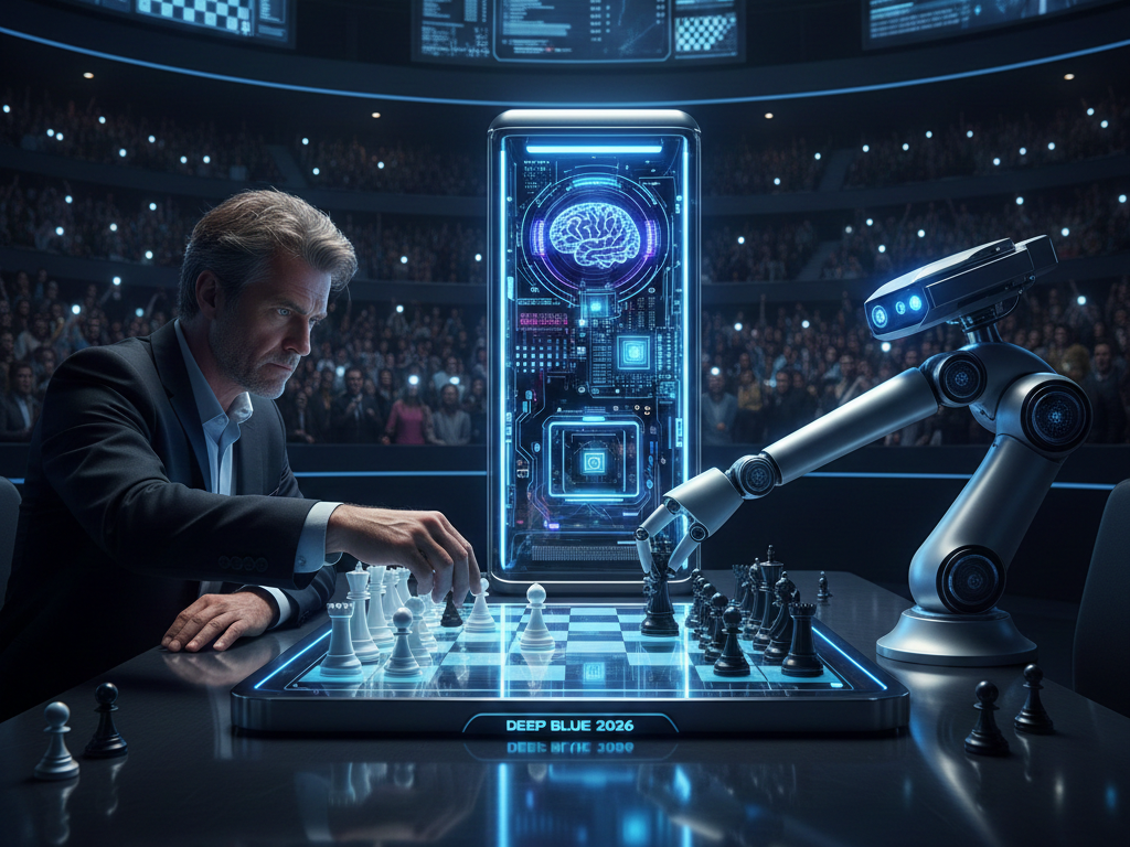 Hombre jugando al ajedrez contra un robot como representación del caso de Deep Blue