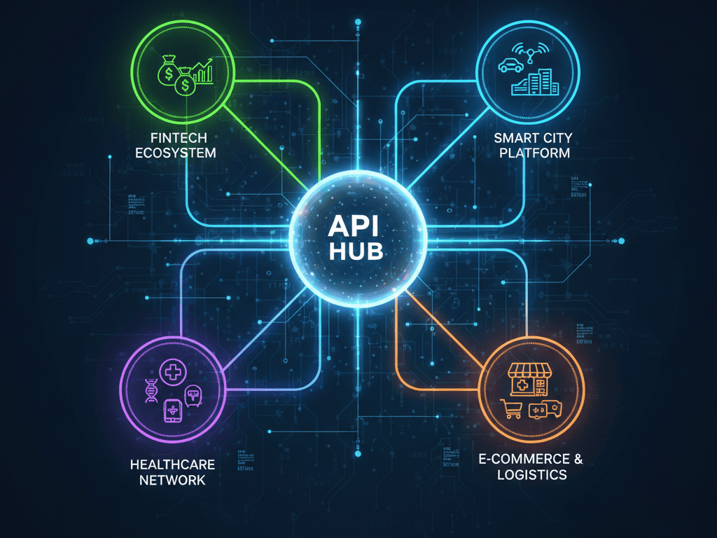 ilustración futurista de ecosistemas digitales conectados mediante API