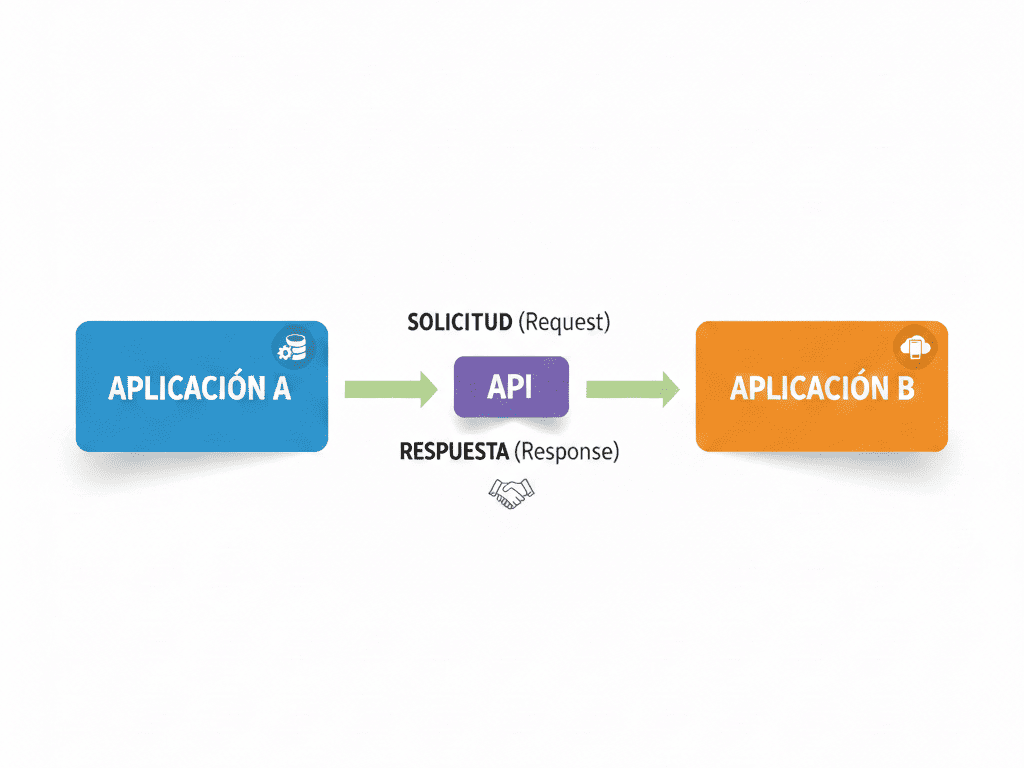 "Diagrama de comunicación entre dos aplicaciones mediante una API mostrando el proceso de solicitud (Request) y respuesta (Response) en español e inglés