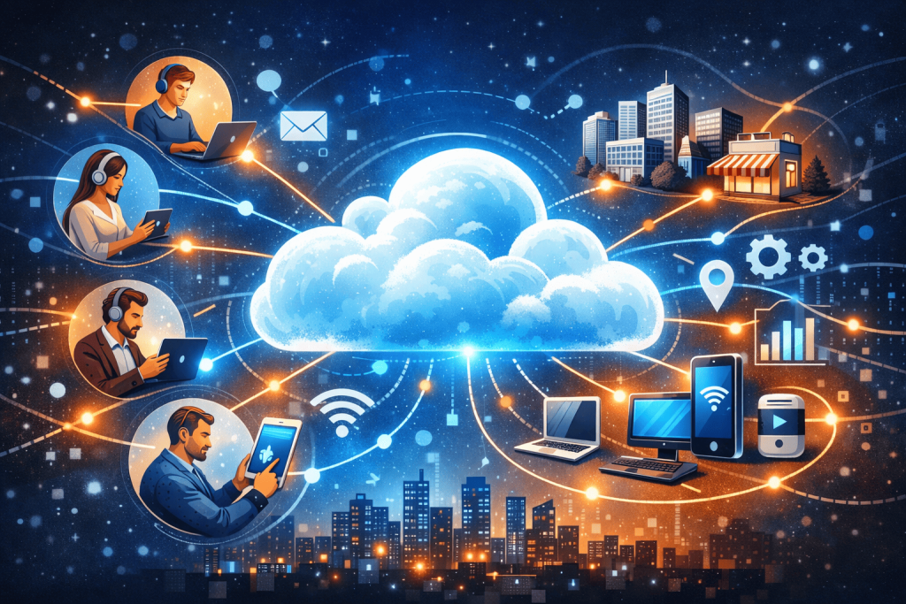 ilustración conceptual de la nube conectando usuarios, empresas y dispositivos