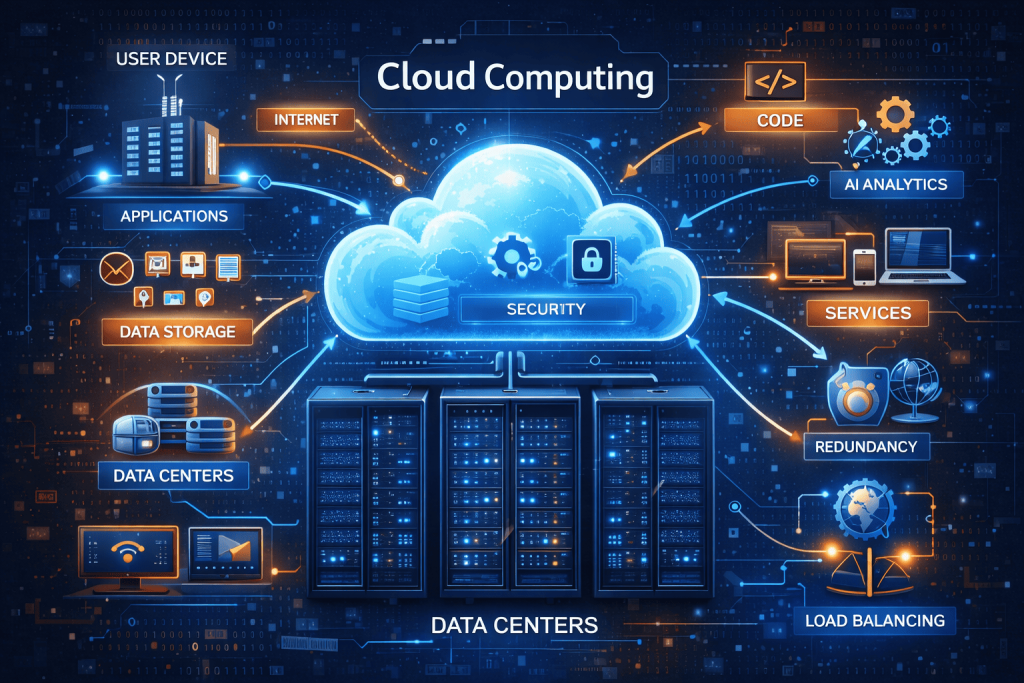 esquema del funcionamiento interno del cloud computing con centros de datos