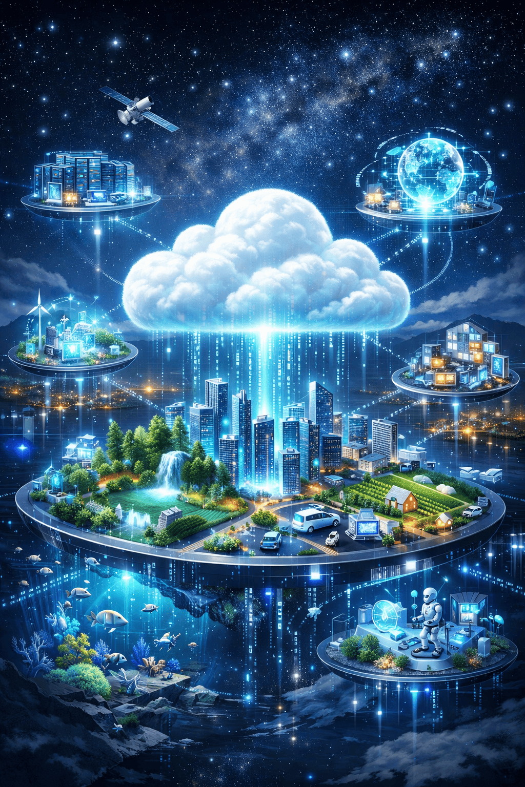 representación futurista de ecosistemas digitales basados en la nube