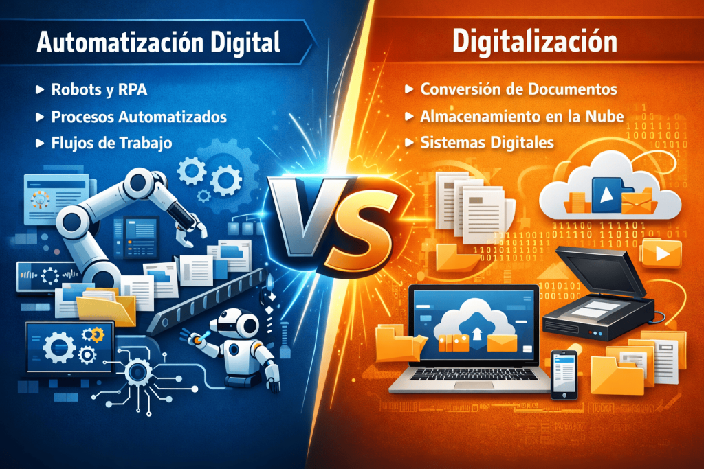 Comparación visual entre automatización digital y digitalización empresarial