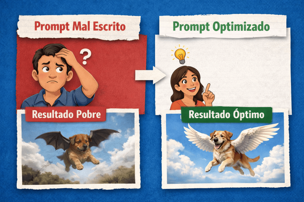 ejemplo de prompt mal escrito vs prompt optimizado en inteligencia artificial