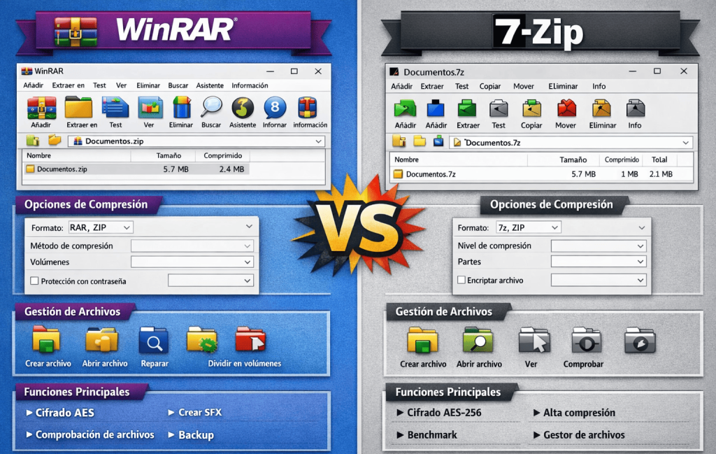 comparativa WinRAR vs 7-Zip interfaz y funciones