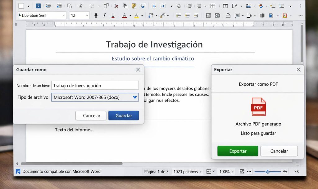 LibreOffice Writer creando documento compatible con Word y exportación a PDF