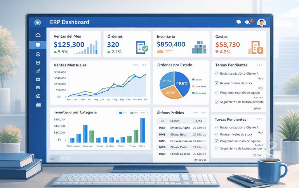 ejemplo de panel de control de software ERP con métricas en tiempo real