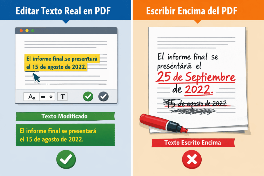 diferencia entre editar texto real en PDF y escribir encima