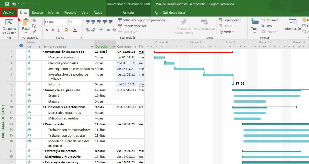 ejemplo de diagrama de Gantt en Microsoft Project con tareas vinculadas