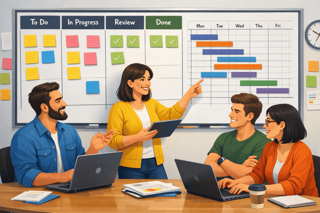 gestión de proyectos ejemplo visual con equipo organizando tareas