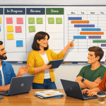 gestión de proyectos ejemplo visual con equipo organizando tareas