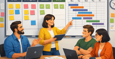 gestión de proyectos ejemplo visual con equipo organizando tareas