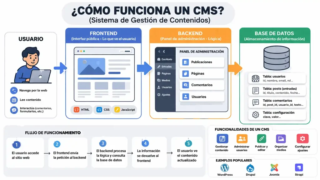 como funciona un cms esquema base de datos frontend backend explicacion