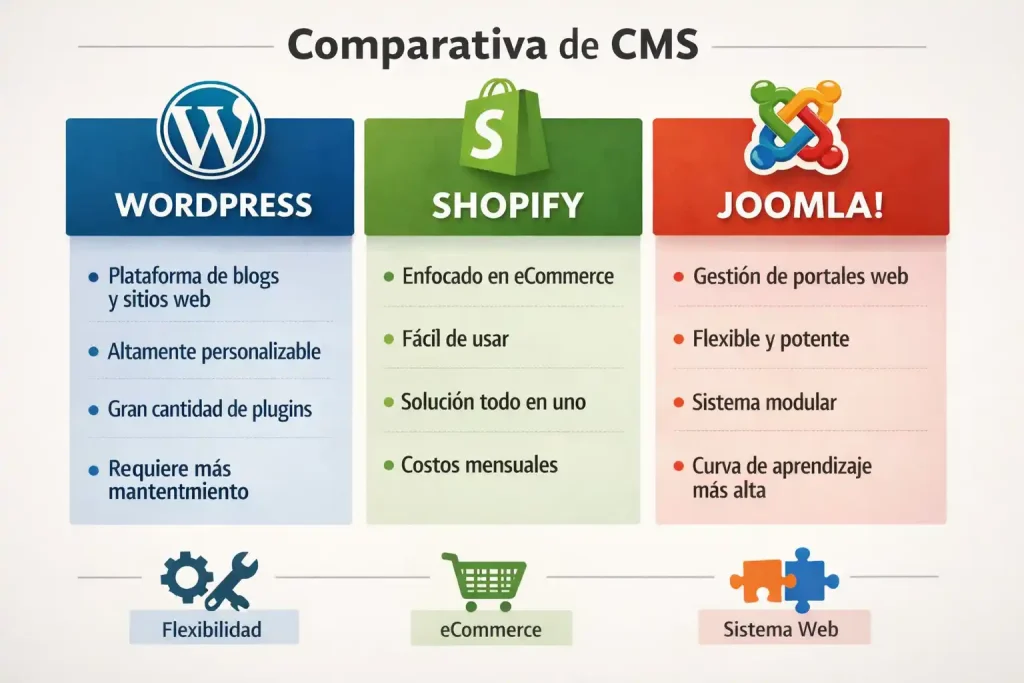 tipos de cms comparativa wordpress shopify joomla diferencias