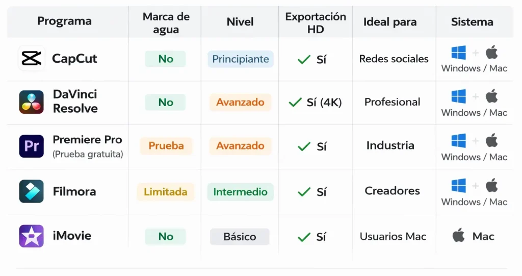 comparativa programas para editar videos gratis sin marca de agua