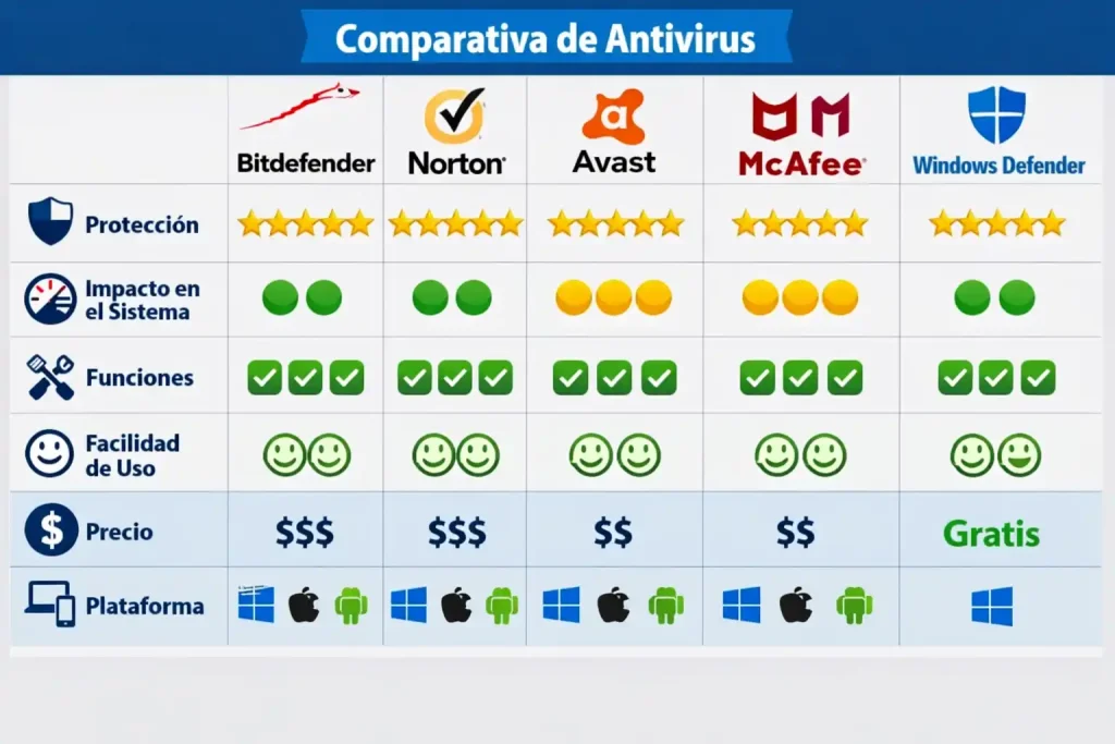 comparativa antivirus Bitdefender Norton Avast McAfee Windows Defender