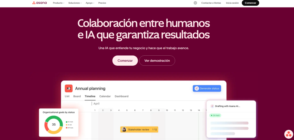 interfaz de Asana para gestión de proyectos