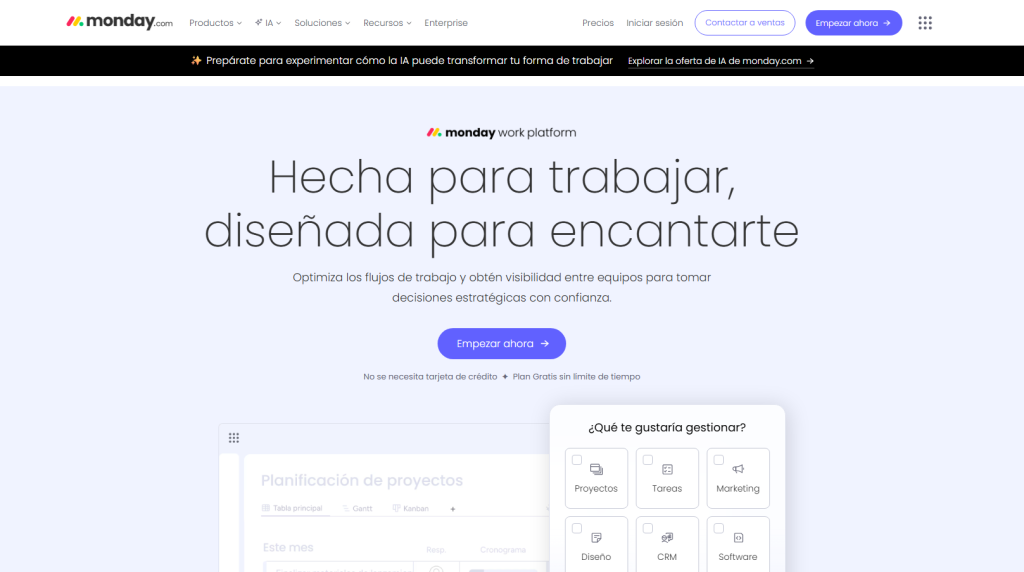 interfaz de Monday para gestión de proyectos